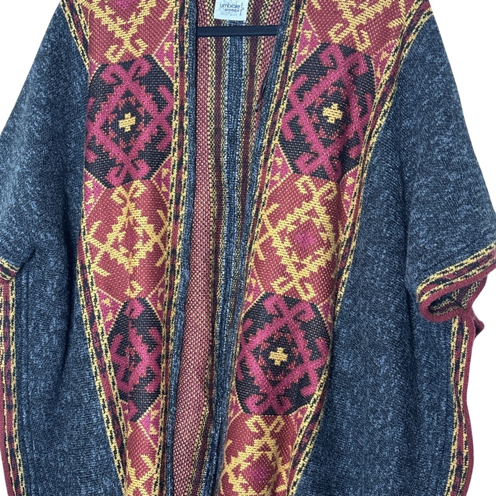 Umbrale Woman Tribal Geometric Knit Poncho Open‎ Front Wrap  Gray Chile Red - Picture 3 of 8